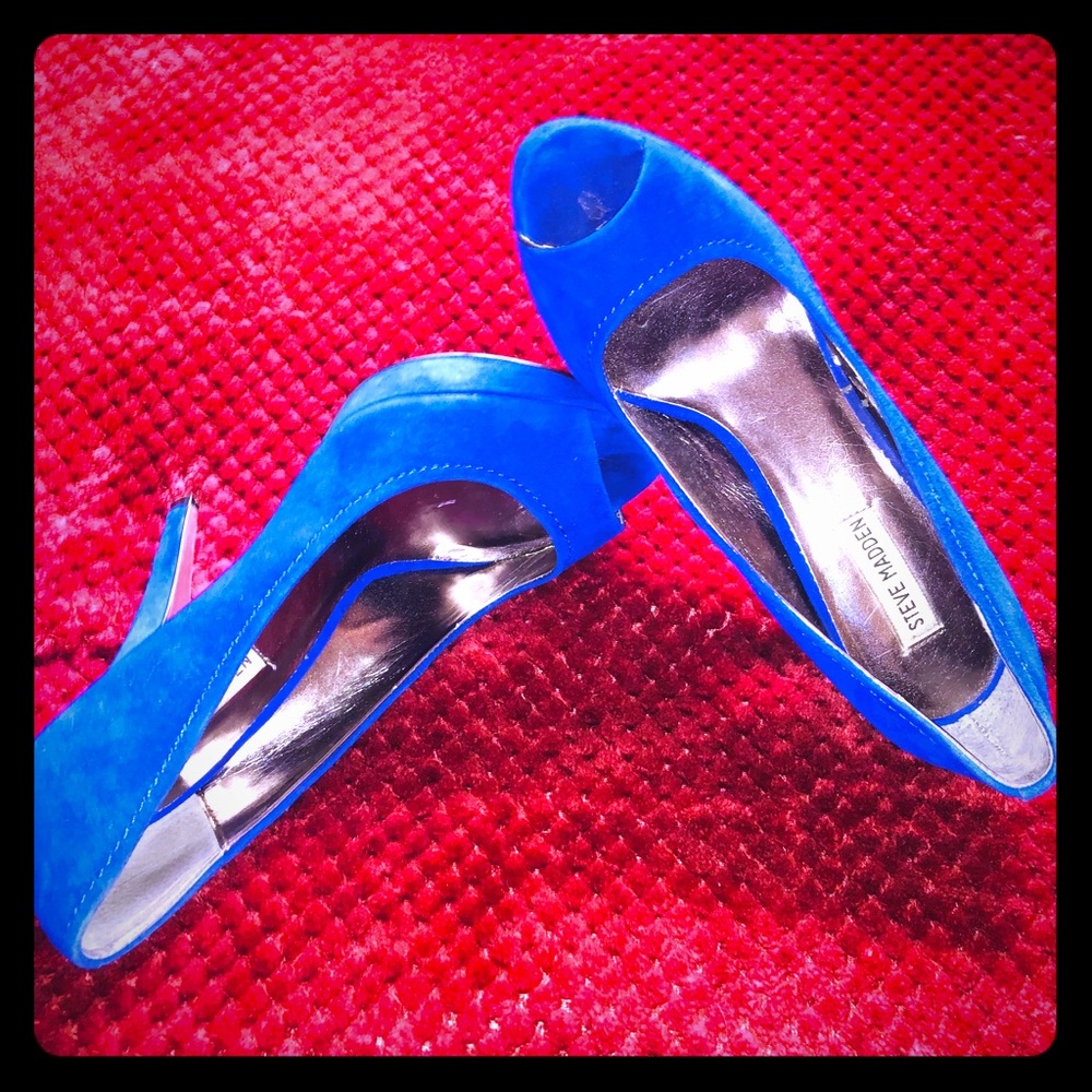 Womens Blue High Heel Peep Toe Pumps Shoes